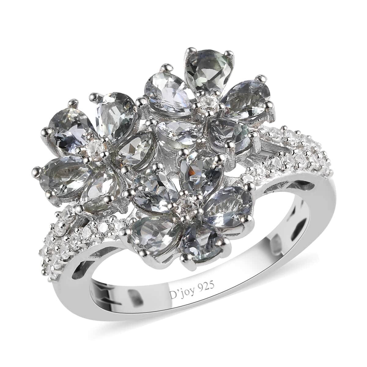 Green Tanzanite and Natural White Zircon Floral Ring in Platinum Over Sterling Silver 2.65 ctw image number 0