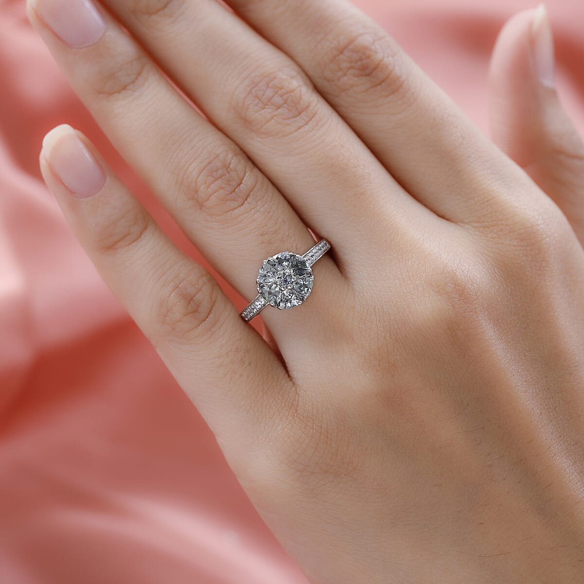Green Tanzanite and Natural White Zircon Ring in Platinum Over Sterling Silver 1.30 ctw image number 2