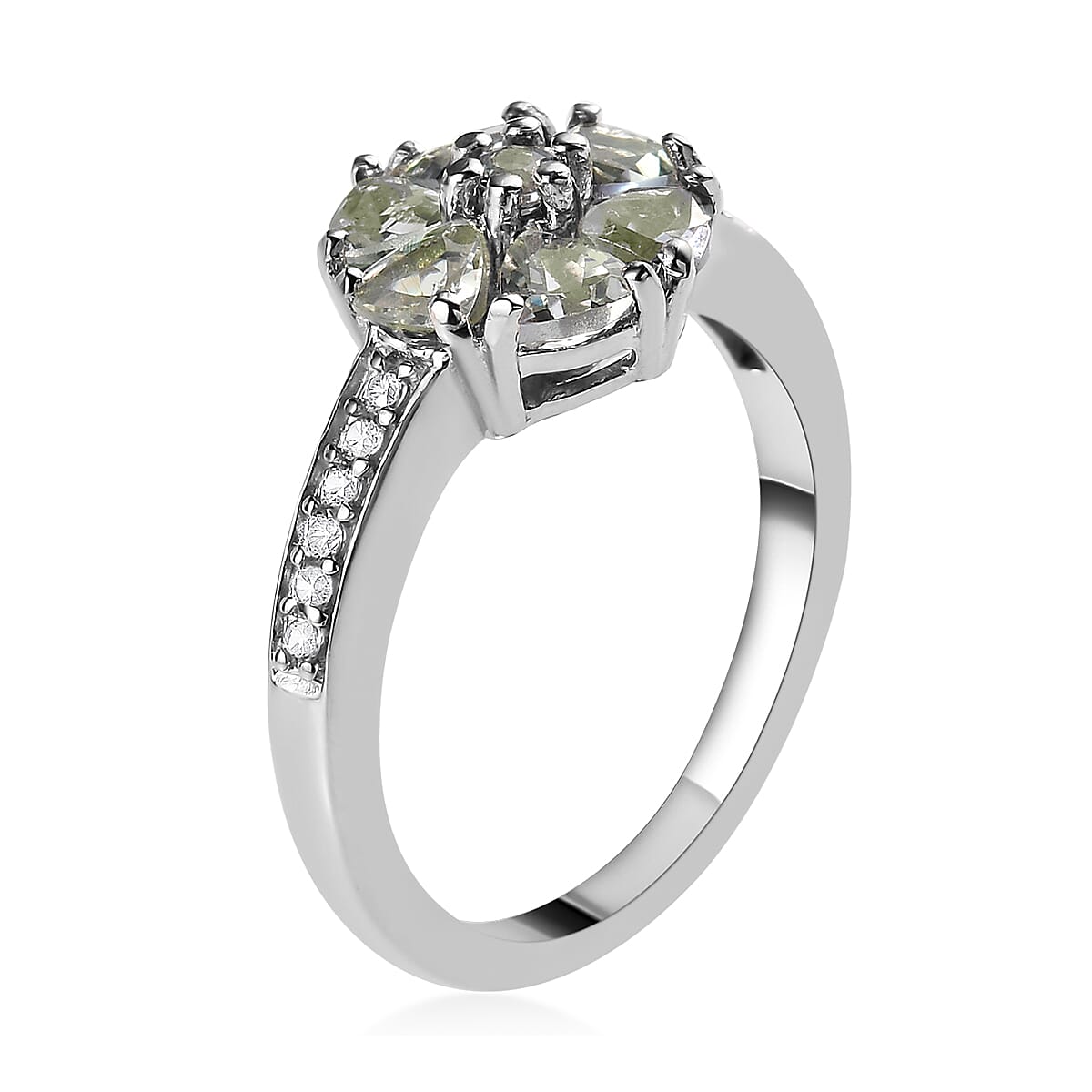 Green Tanzanite and Natural White Zircon Ring in Platinum Over Sterling Silver 1.30 ctw image number 3