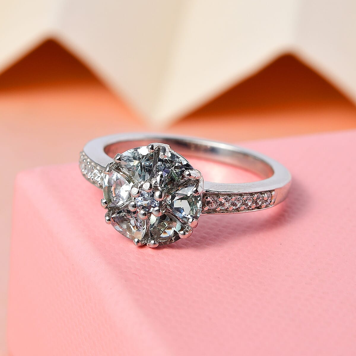 Green Tanzanite and Natural White Zircon Ring in Platinum Over Sterling Silver (Size 8.0) 1.30 ctw image number 1