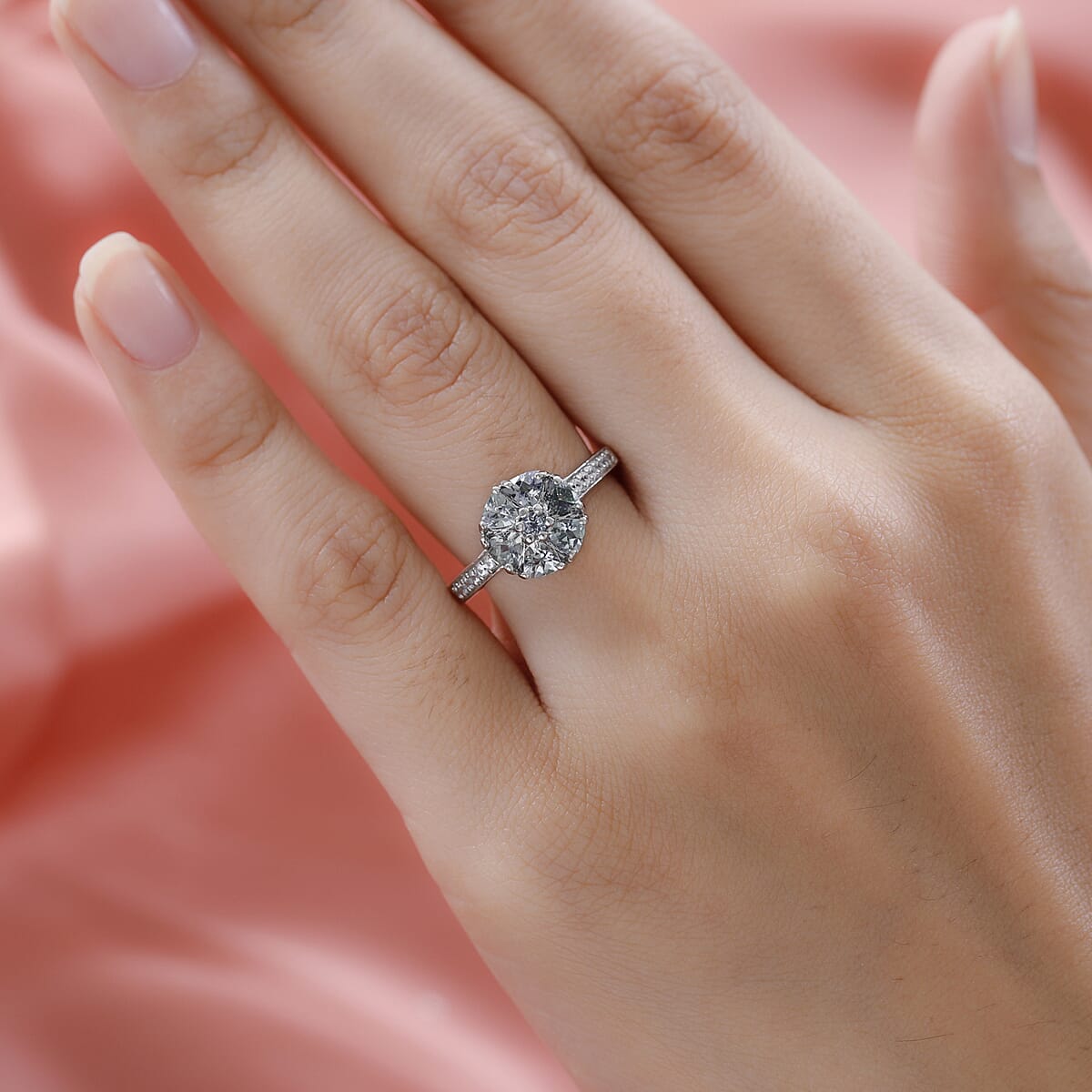 Green Tanzanite and Natural White Zircon Ring in Platinum Over Sterling Silver (Size 8.0) 1.30 ctw image number 2