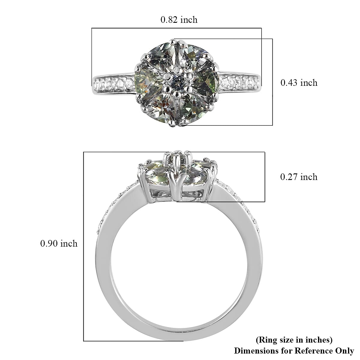 Green Tanzanite and Natural White Zircon Ring in Platinum Over Sterling Silver (Size 8.0) 1.30 ctw image number 5