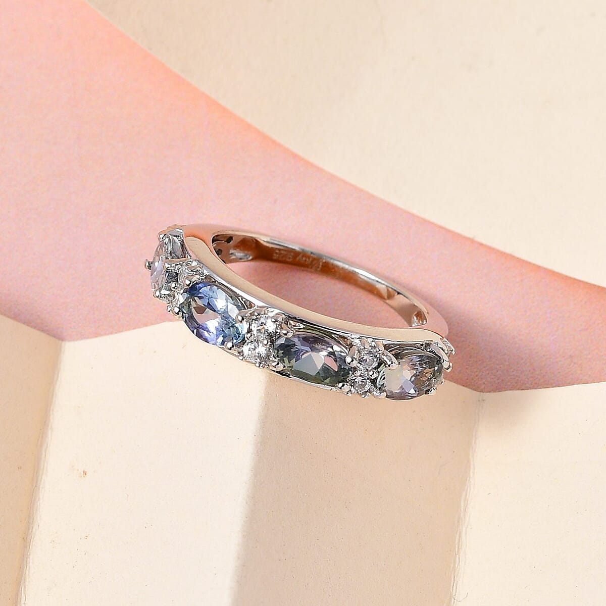 Green Tanzanite, Natural White Zircon Ring in Platinum Over Sterling Silver (Size 7.0) 2.15 ctw image number 1