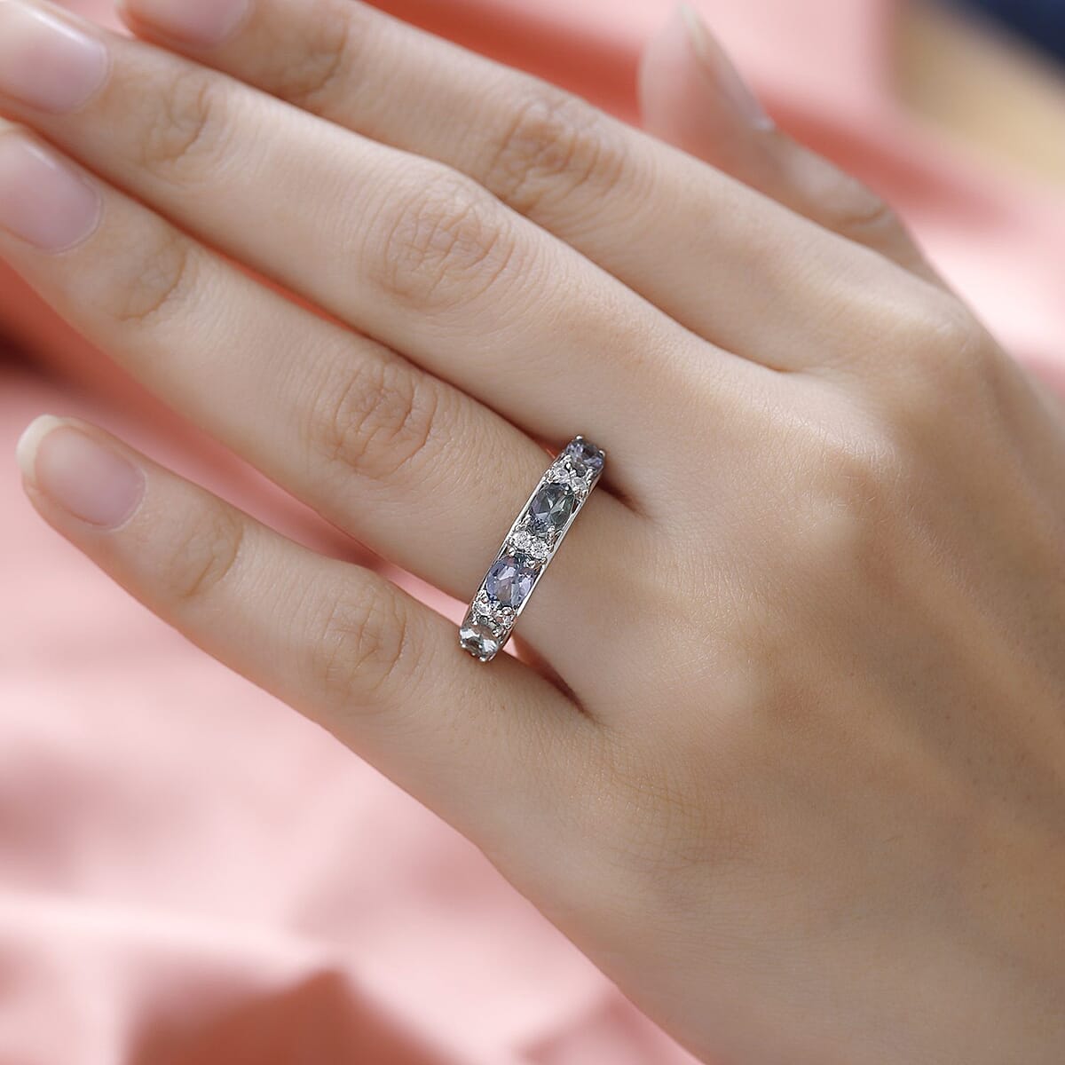 Green Tanzanite, Natural White Zircon Ring in Platinum Over Sterling Silver (Size 7.0) 2.15 ctw image number 2