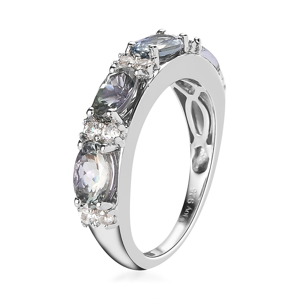 Green Tanzanite, Natural White Zircon Ring in Platinum Over Sterling Silver (Size 7.0) 2.15 ctw image number 3