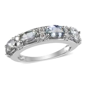 Green Tanzanite and Natural White Zircon Ring in Platinum Over Sterling Silver (Size 7.0) 2.15 ctw
