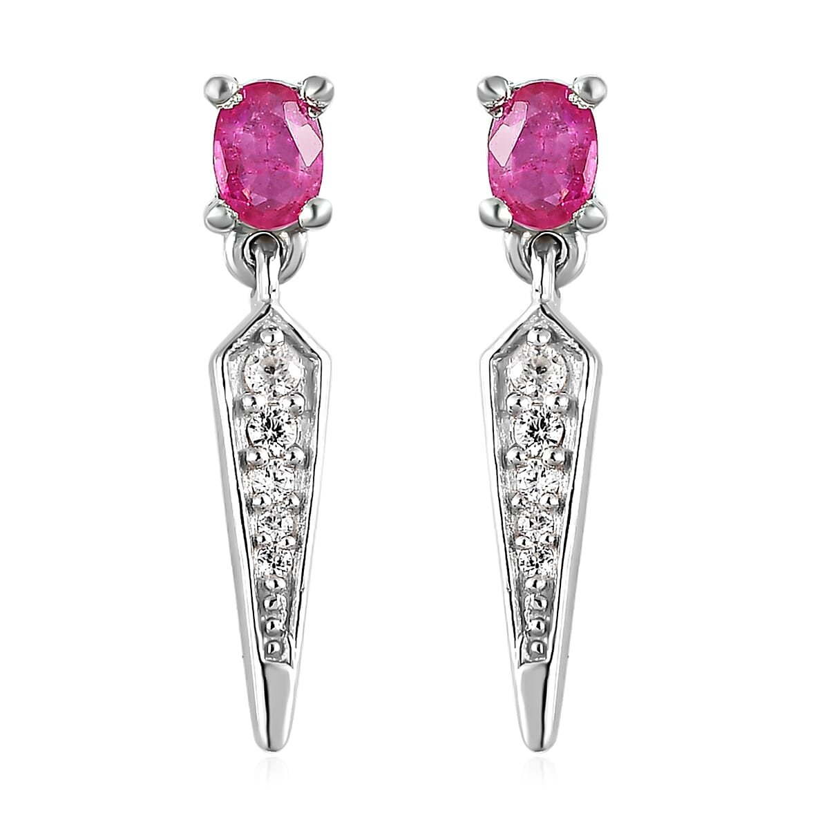 Premium Montepuez Ruby and White Zircon Dangling Earrings in Platinum Over Sterling Silver 2.50 ctw