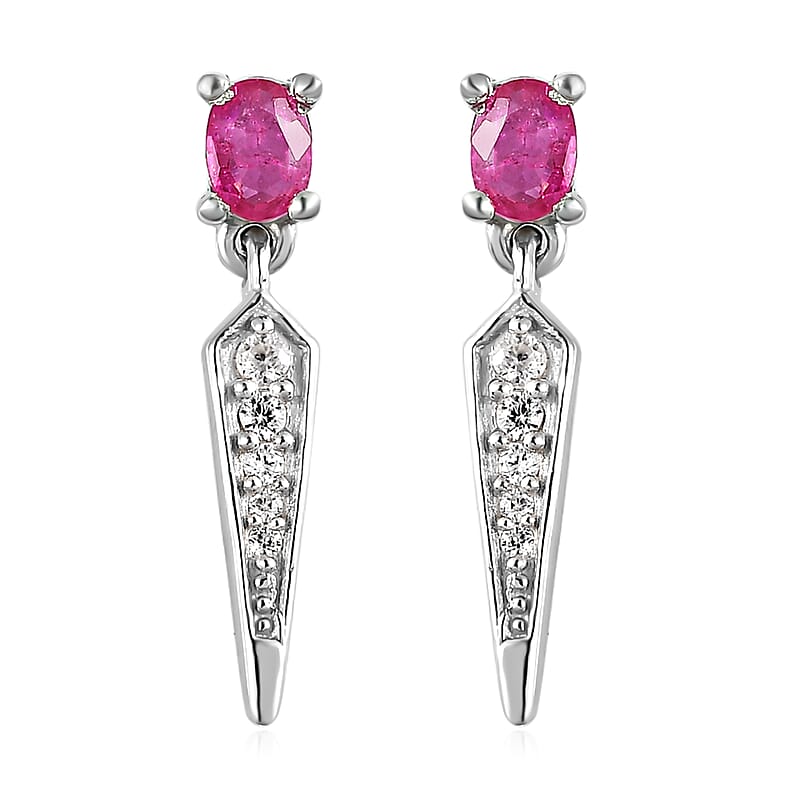 Premium Montepuez Ruby and White Zircon Dangling Earrings in Platinum Over Sterling Silver 2.50 ctw