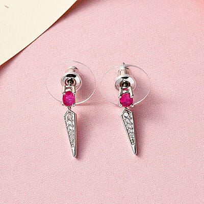 Premium Montepuez Ruby and White Zircon Dangling Earrings in Platinum Over Sterling Silver 2.50 ctw