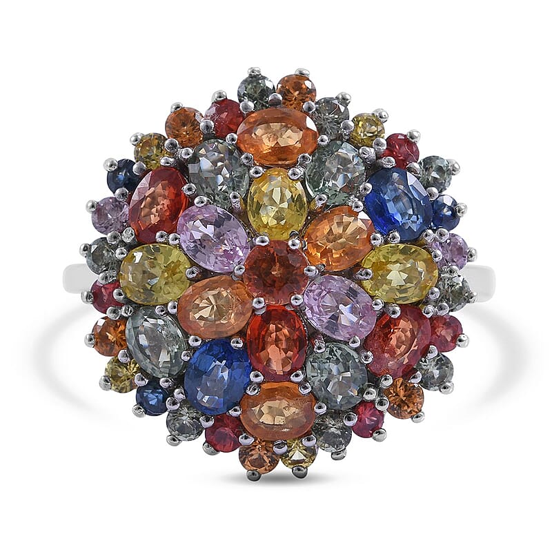 Multi Sapphire Floral Ring in Sterling Silver (Size 10.0) 5.50 ctw