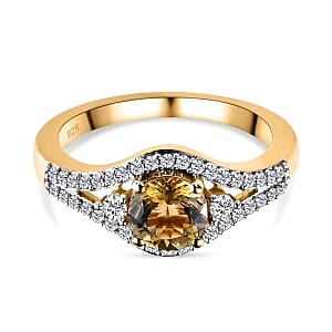 Natural Golden Tanzanite and White Zircon 1.52 ctw Ring in Vermeil Yellow Gold Over Sterling Silver (Size 9.0)