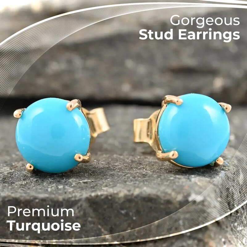 Luxoro AAA Sleeping Beauty Turquoise Earrings, Turquoise Stud Earrings, 10K Yellow Gold Earrings, Gold Stud, Turquoise Jewelry 3.40 ctw