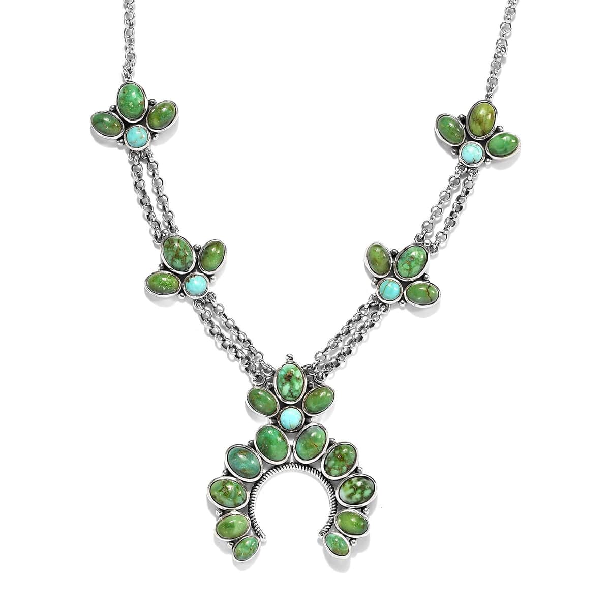 Artisan Crafted Sonoran Gold Turquoise and South Hill Turquoise Squash Blossom Necklace 18 Inches in Sterling Silver 17.60 ctw image number 0