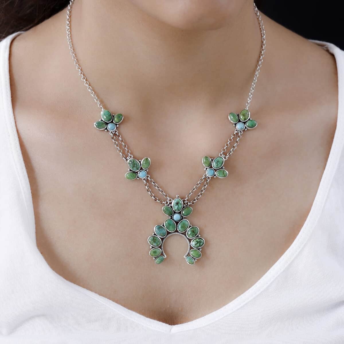 Artisan Crafted Sonoran Gold Turquoise and South Hill Turquoise Squash Blossom Necklace 18 Inches in Sterling Silver 17.60 ctw image number 2