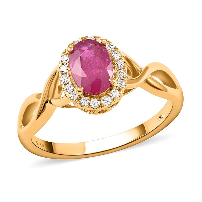 Certified & Appraised Iliana 18K Yellow Gold AAA Mozambique Ruby and G-H SI Diamond Infinity Shank Ring, Promise Rings (Size 10.0) 4 Grams 1.20 ctw