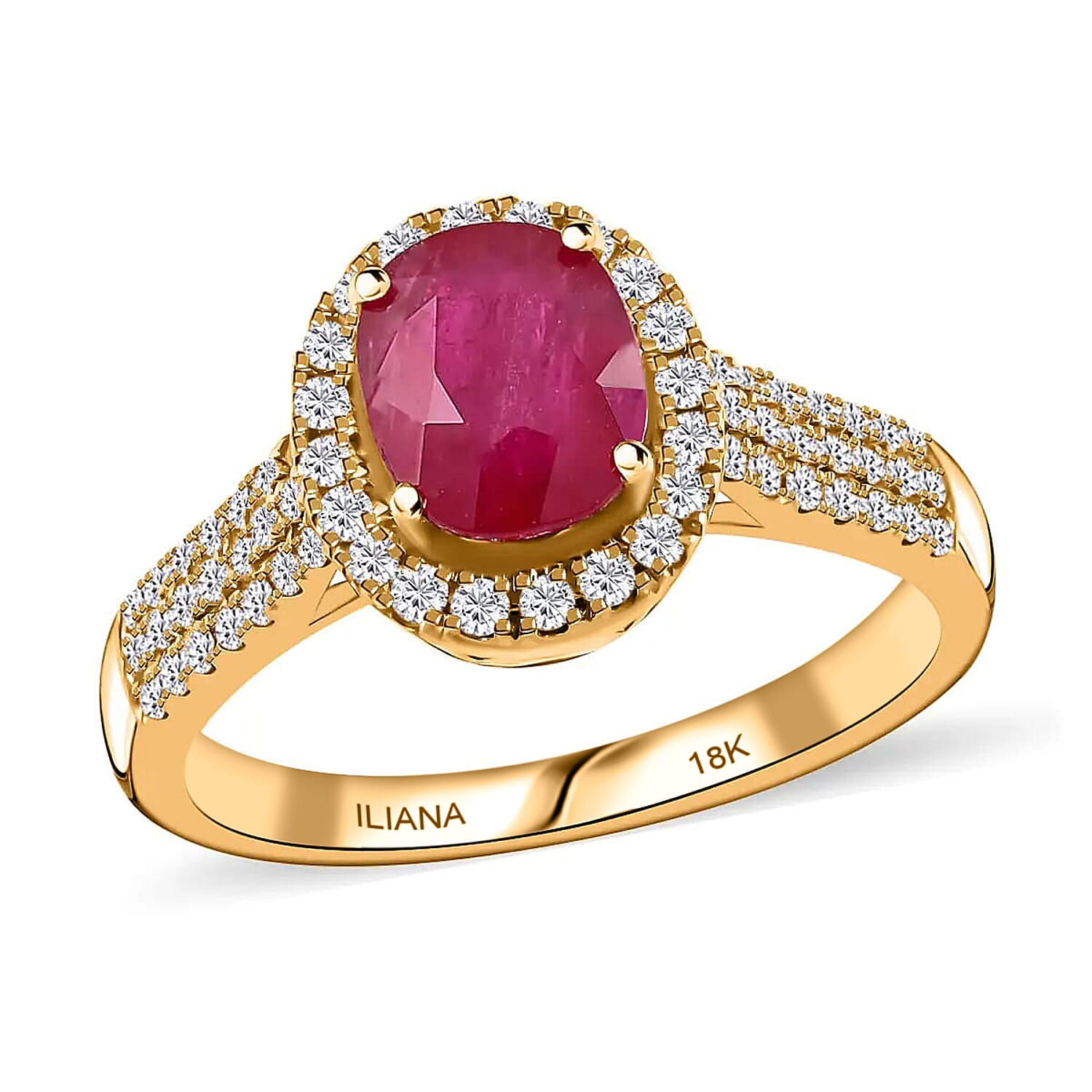 Iliana Certified & Appraised AAA Montepuez Ruby Ring, G-H SI Diamond Accent Ring, Ruby Halo Ring, 18K Yellow Gold Ring, Wedding