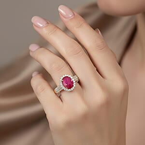 Iliana Certified & Appraised AAA Montepuez Ruby Ring, G-H SI Diamond Accent Ring, Ruby Halo Ring, 18K Yellow Gold Ring, Wedding Ring 4.50 Grams 2.05 ctw (Size 7.0)