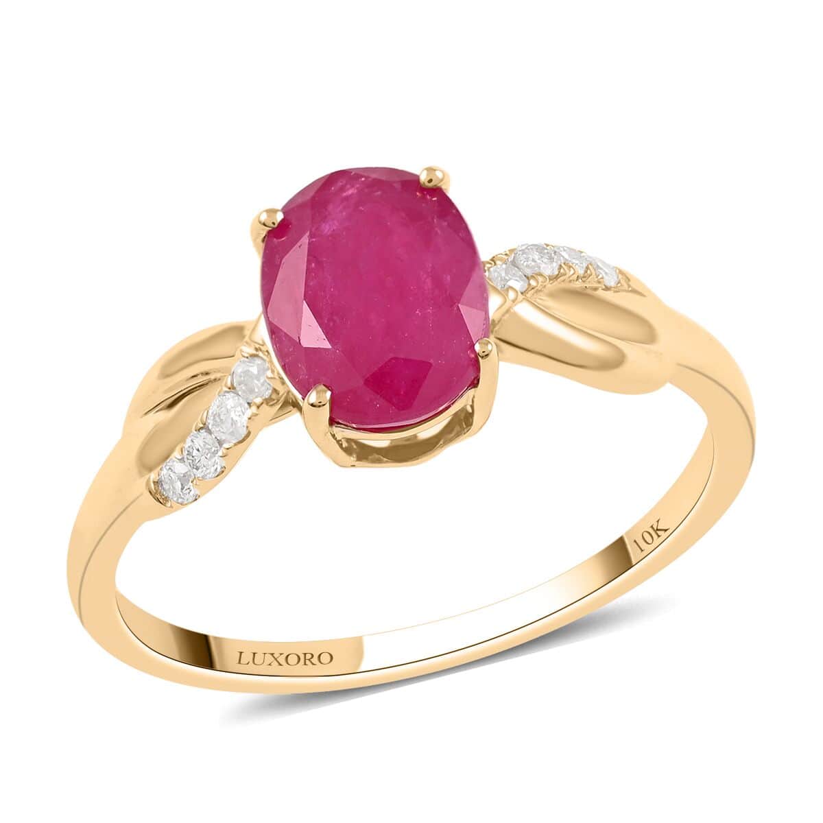 Certified LUXORO 10K Yellow Gold AAA Mozambique Ruby and G-H I2 Diamond Ring 2.15 Grams 1.70 ctw image number 0