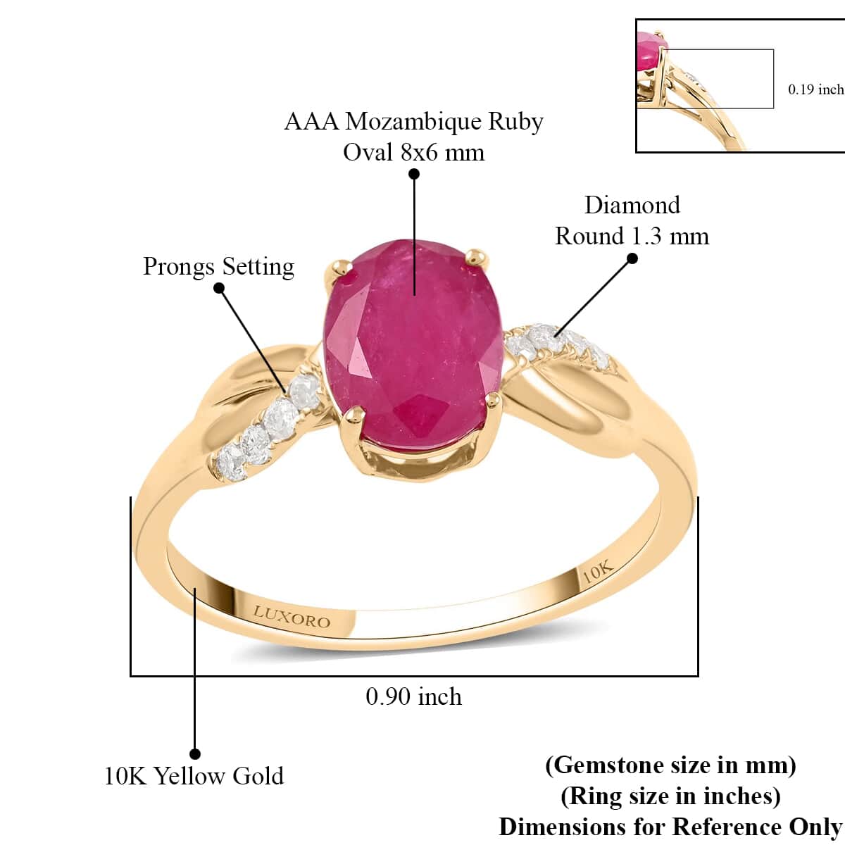 Certified LUXORO 10K Yellow Gold AAA Mozambique Ruby and G-H I2 Diamond Ring 2.15 Grams 1.70 ctw image number 5