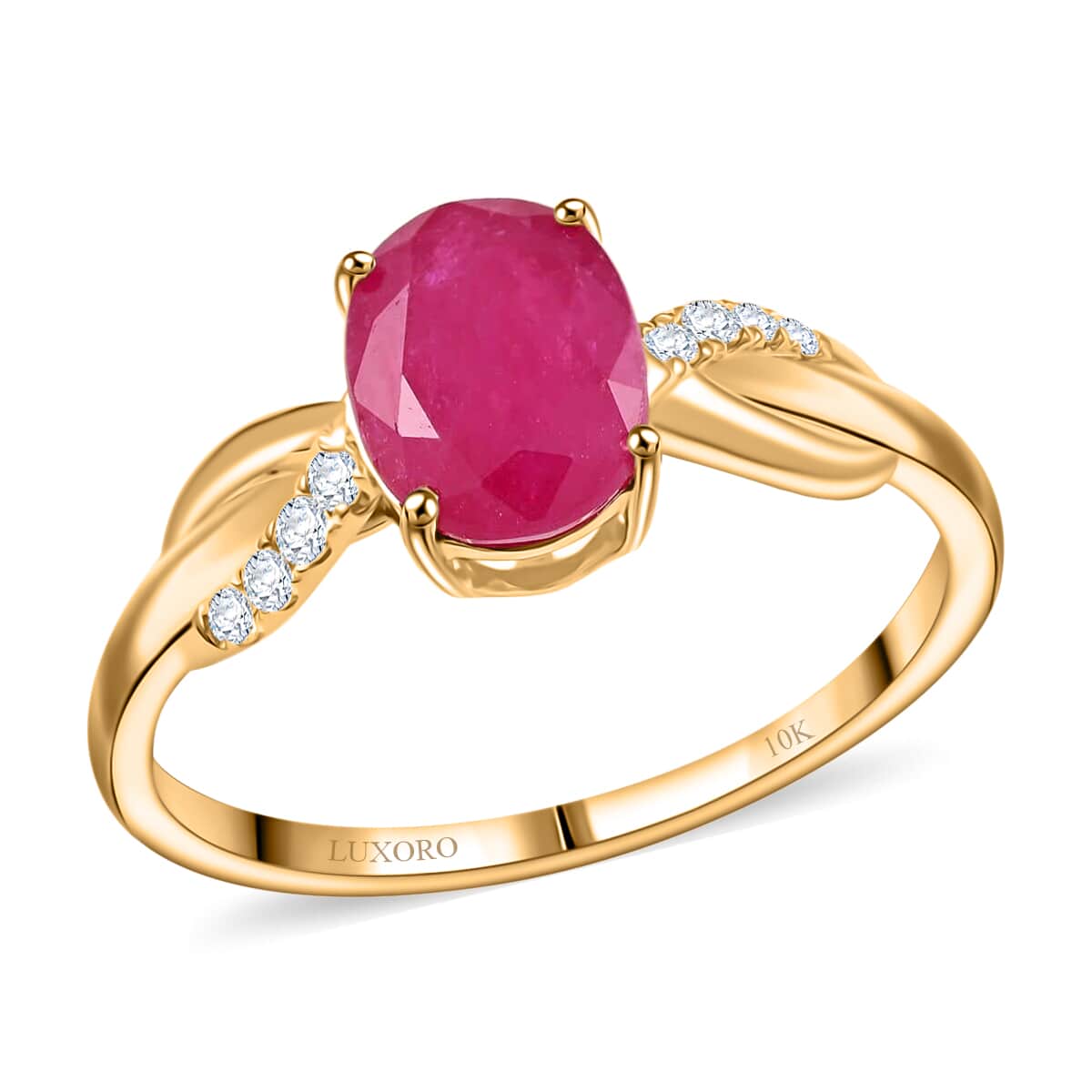 Certified & Appraised Luxoro AAA Montepuez Ruby and G-H I2 Diamond 1.70 ctw Ring in 10K Yellow Gold (Size 7.0) image number 0