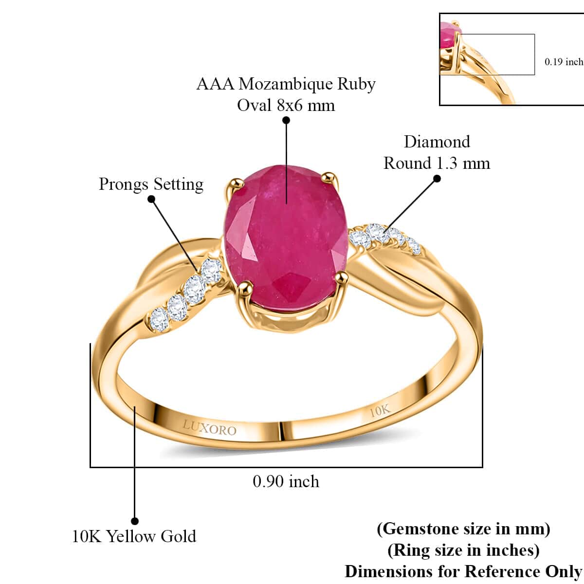 Certified & Appraised Luxoro AAA Montepuez Ruby and G-H I2 Diamond 1.70 ctw Ring in 10K Yellow Gold (Size 7.0) image number 5