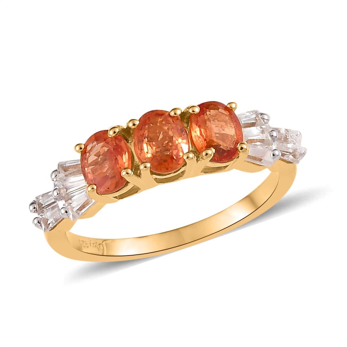 Orange Sapphire and Natural White Zircon 3 Stone Ring in Vermeil Yellow Gold Over Sterling Silver 1.75 ctw image number 0