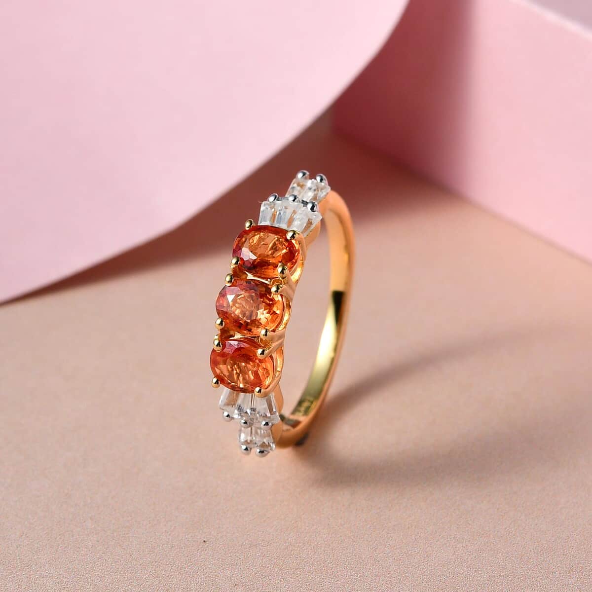 Orange Sapphire and Natural White Zircon 3 Stone Ring in Vermeil Yellow Gold Over Sterling Silver 1.75 ctw image number 1