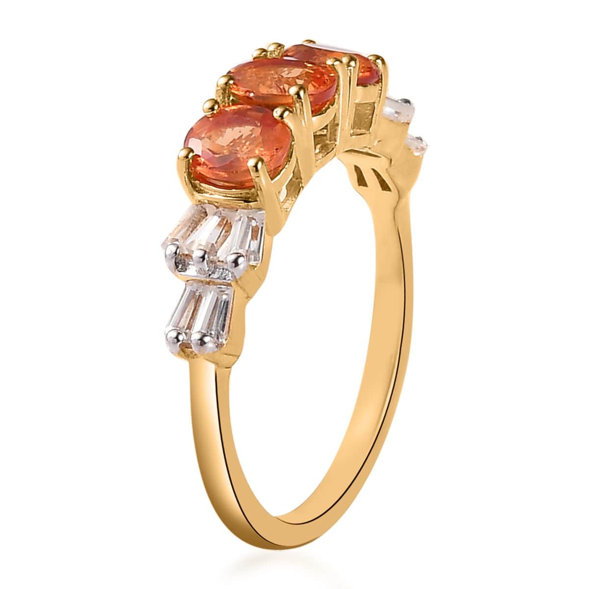 Orange Sapphire and Natural White Zircon 3 Stone Ring in Vermeil Yellow Gold Over Sterling Silver 1.75 ctw image number 3