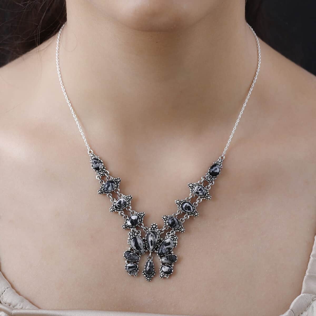 White Buffalo Squash Blossom Necklace 18 Inches in Sterling Silver 13.60 ctw image number 2