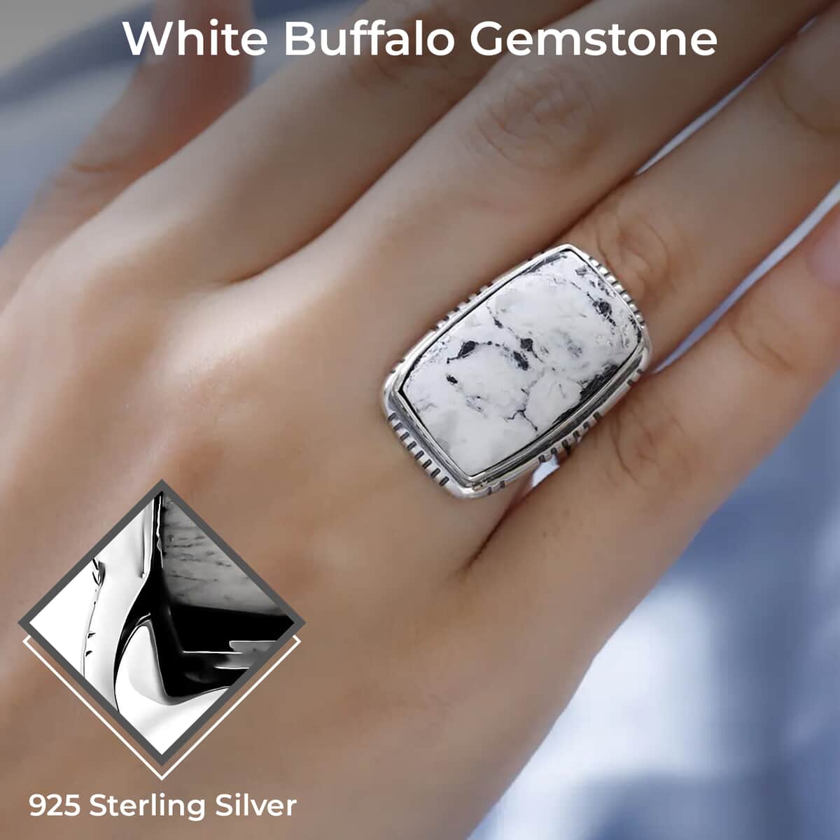 Artisan Crafted White Buffalo Solitaire Ring in Sterling Silver (Size 10.0) 24.50 ctw image number 2