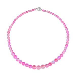 Pink Magic Color Glass Beaded Necklace 20 Inches in Silvertone