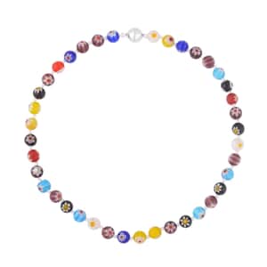 Multi Color Murano Style Beaded Necklace 20 Inches with Magnetic Lock in Silvertone