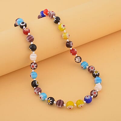 Multi Color Murano Style Beaded Necklace 20 Inches with Magnetic Lock in Silvertone