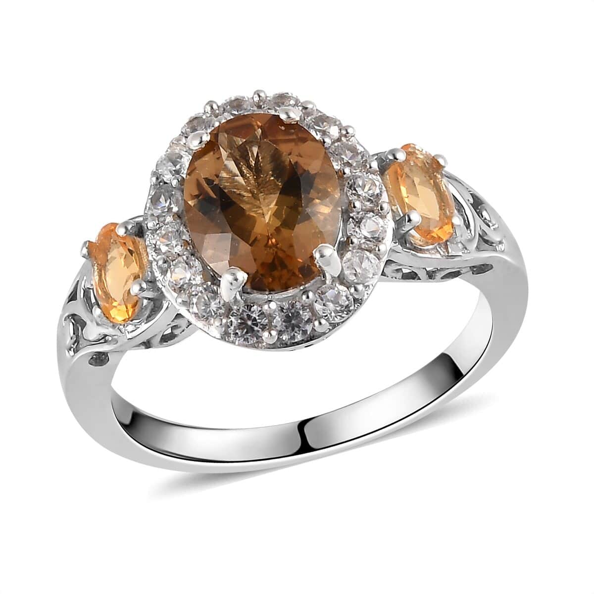 Golden Scapolite and Multi Gemstone Halo Ring in Platinum Over Sterling Silver 2.40 ctw image number 0