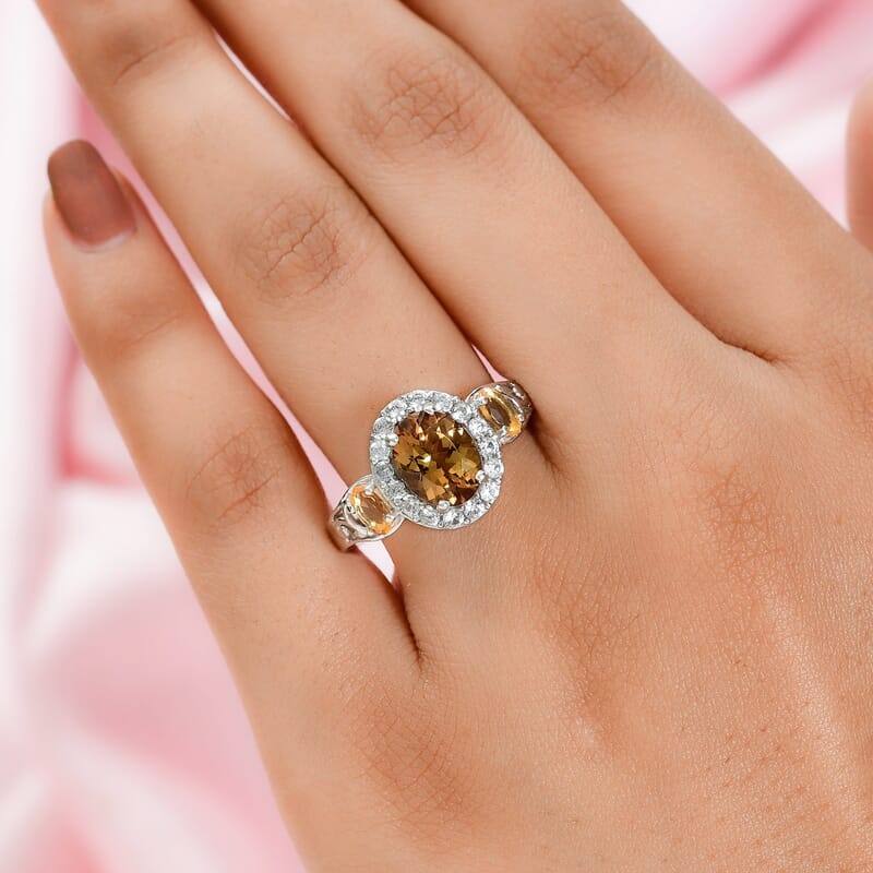 Golden Scapolite and Multi Gemstone Halo Ring in Platinum Over Sterling Silver (Size 10.0) 2.40 ctw