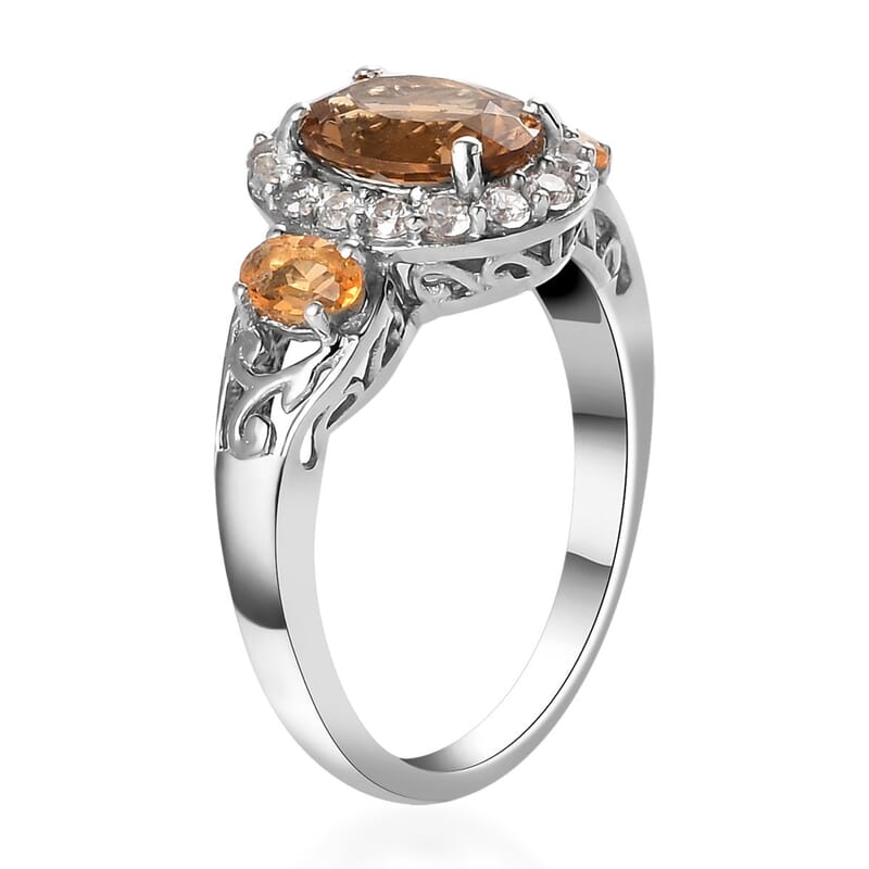 Golden Scapolite and Multi Gemstone Halo Ring in Platinum Over Sterling Silver (Size 10.0) 2.40 ctw