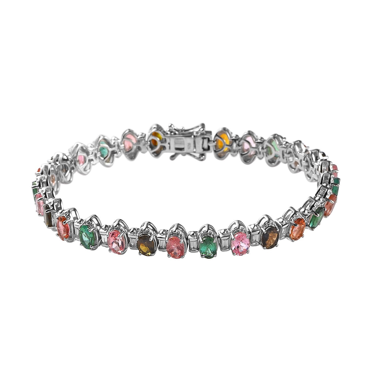 Multi Tourmaline and White Zircon 17.98 ctw Bracelet in Platinum Over Sterling Silver (7.50 In)