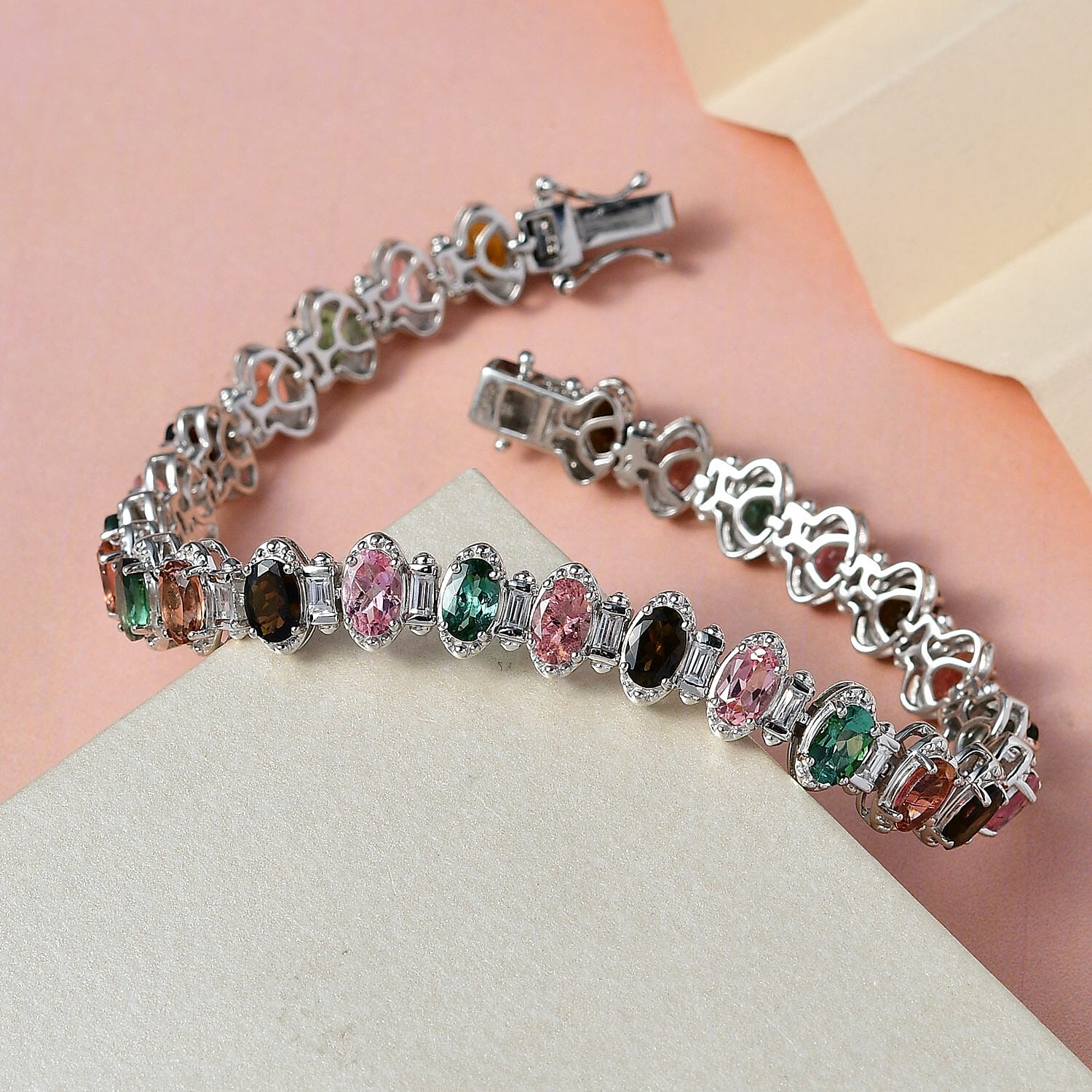 Multi Tourmaline and White Zircon 17.98 ctw Bracelet in Platinum Over Sterling Silver (7.50 In)