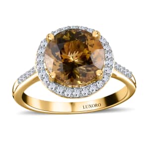Luxoro 14K Yellow Gold Premium Golden Tanzanite and G-H I3 Diamond Halo Ring (Size 7.0) 3.40 ctw