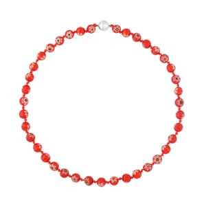 Red Color Murano Style Beaded Necklace 20 Inches with Magnetic Lock in Silvertone