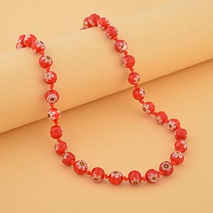 Red Color Murano Style Beaded Necklace 20 Inches with Magnetic Lock in Silvertone