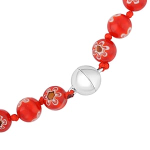 Red Color Murano Style Beaded Necklace 20 Inches with Magnetic Lock in Silvertone