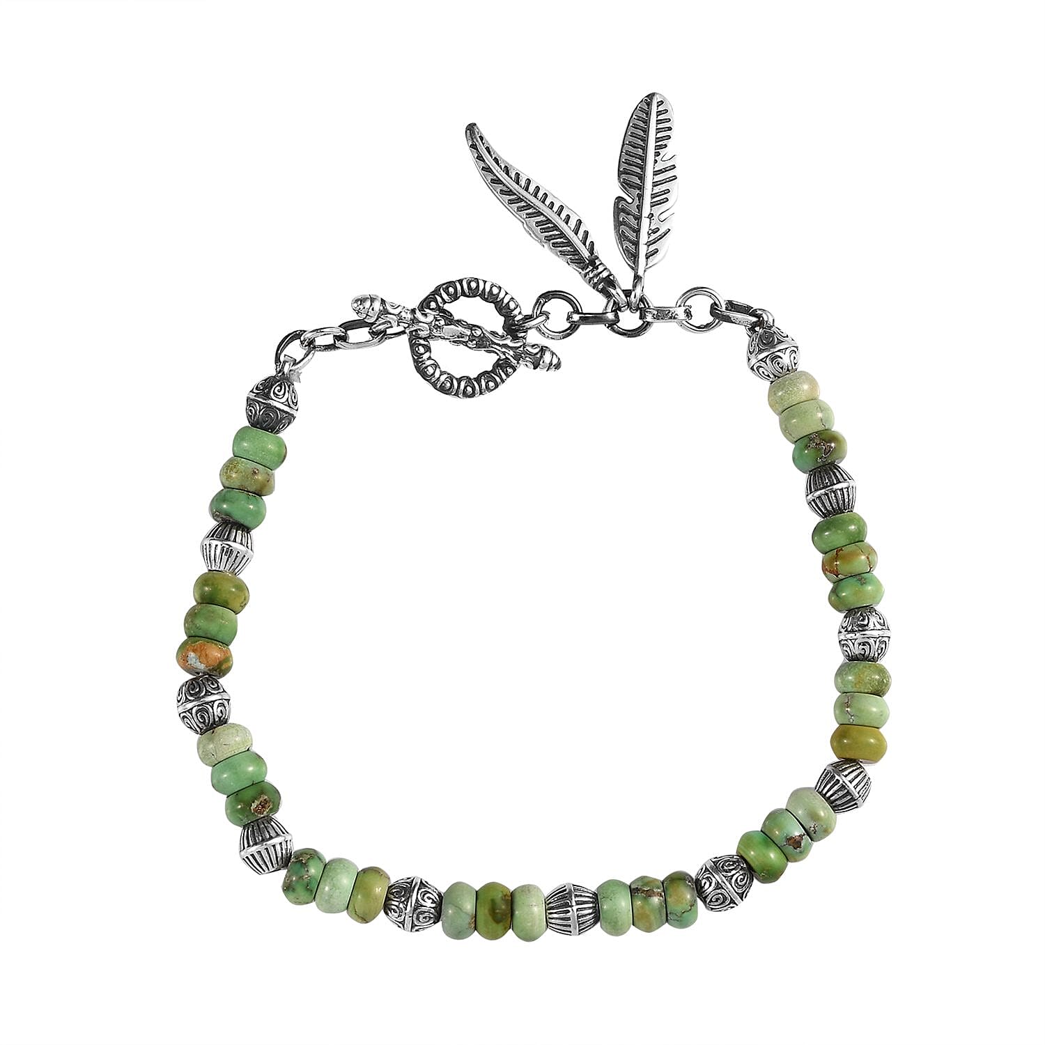 Artisan Crafted Sonoran Gold Turquoise Beaded Toggle Clasp Bracelet in Sterling Silver (7.25 In) 20.25 ctw