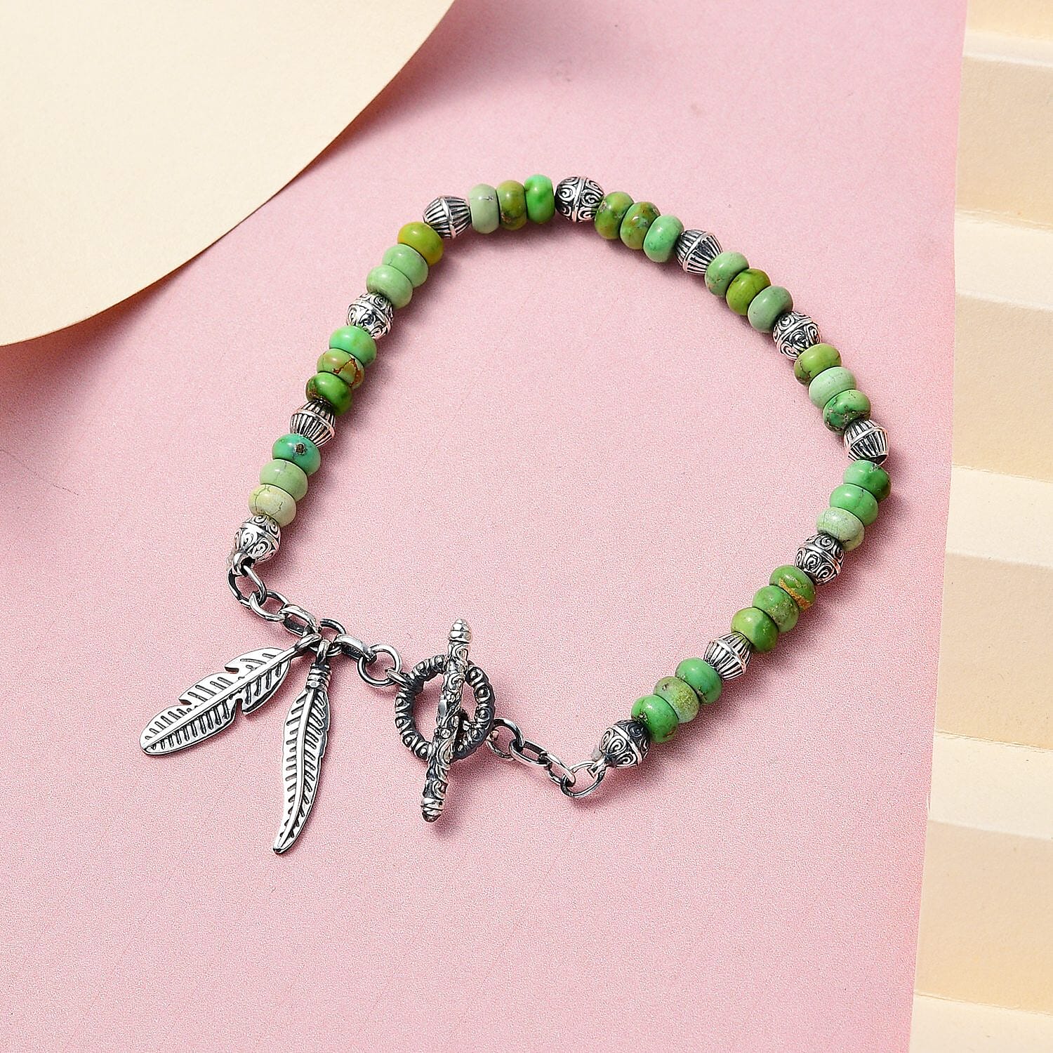 Artisan Crafted Sonoran Gold Turquoise Beaded Toggle Clasp Bracelet in Sterling Silver (7.25 In) 20.25 ctw
