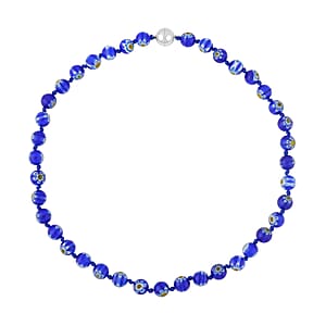 Blue Color Murano Style Beaded Necklace 20 Inches with Magnetic Lock in Silvertone