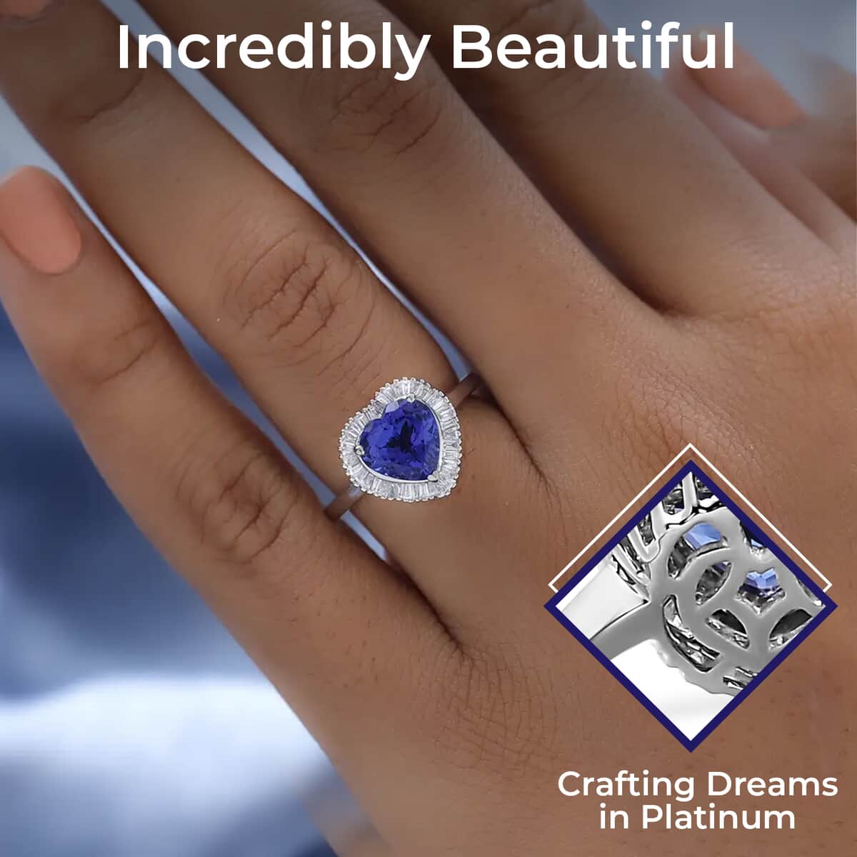 Rhapsody AAAA Tanzanite Heart Halo Ring, E-F VS2 Diamond Accent Ring,  950 Platinum Ring, Tanzanite Ring, Tanzanite Jewelry For Her  5.75 Grams 2.25 ctw image number 2