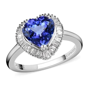 Rhapsody AAAA Tanzanite and E-F VS2 Diamond 2.43 ctw Heart Shape Ballerina Ring in 950 Platinum (Size 9.0) 6.90 Grams