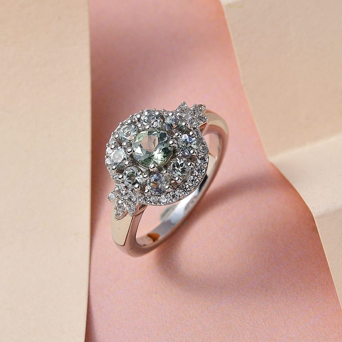 Green Tanzanite and Natural White Zircon Floral Ring in Platinum Over Sterling Silver (Size 6.0) 1.60 ctw image number 1