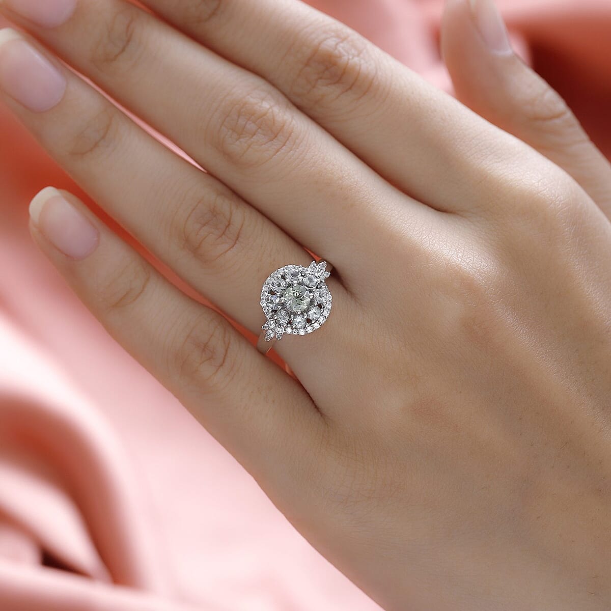 Green Tanzanite and Natural White Zircon Floral Ring in Platinum Over Sterling Silver (Size 6.0) 1.60 ctw image number 2