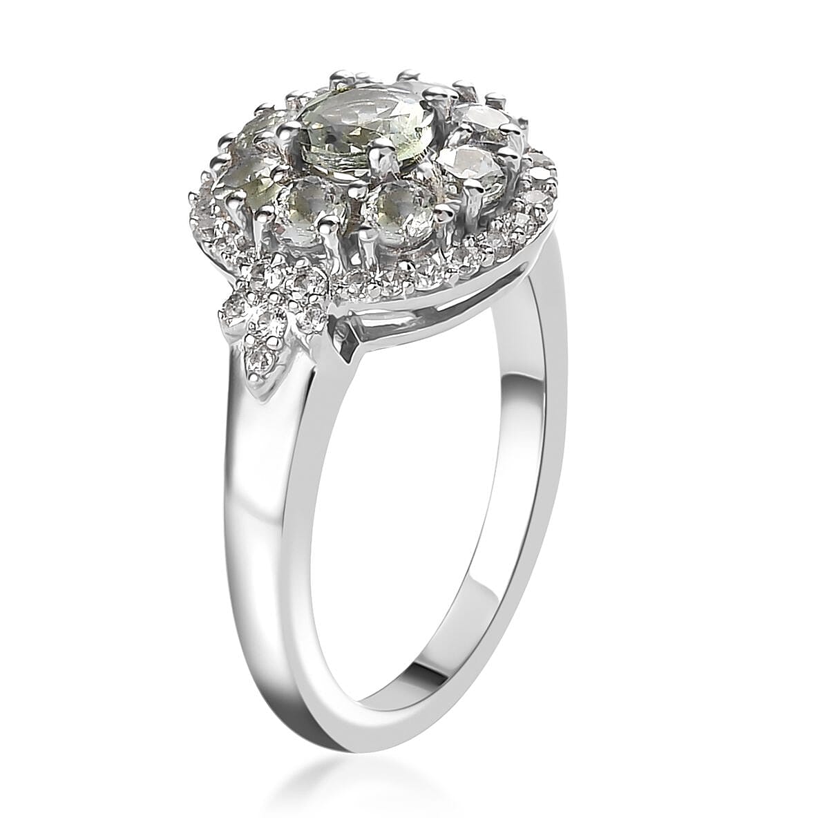 Green Tanzanite and Natural White Zircon Floral Ring in Platinum Over Sterling Silver (Size 6.0) 1.60 ctw image number 3